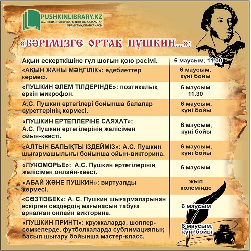 «Пушкин Қазақстанда»:  ақынның Қазақстанға келгеніне 190 жыл (1833 ж.)   